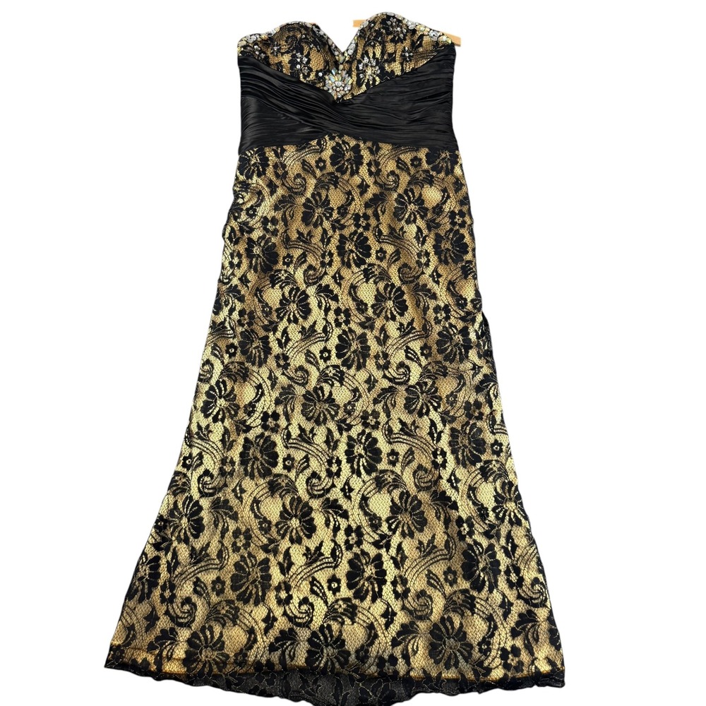 Aspeed USA‎ Black Gold Lace Rhinestone Embellished Strapless Formal Gown Dress M